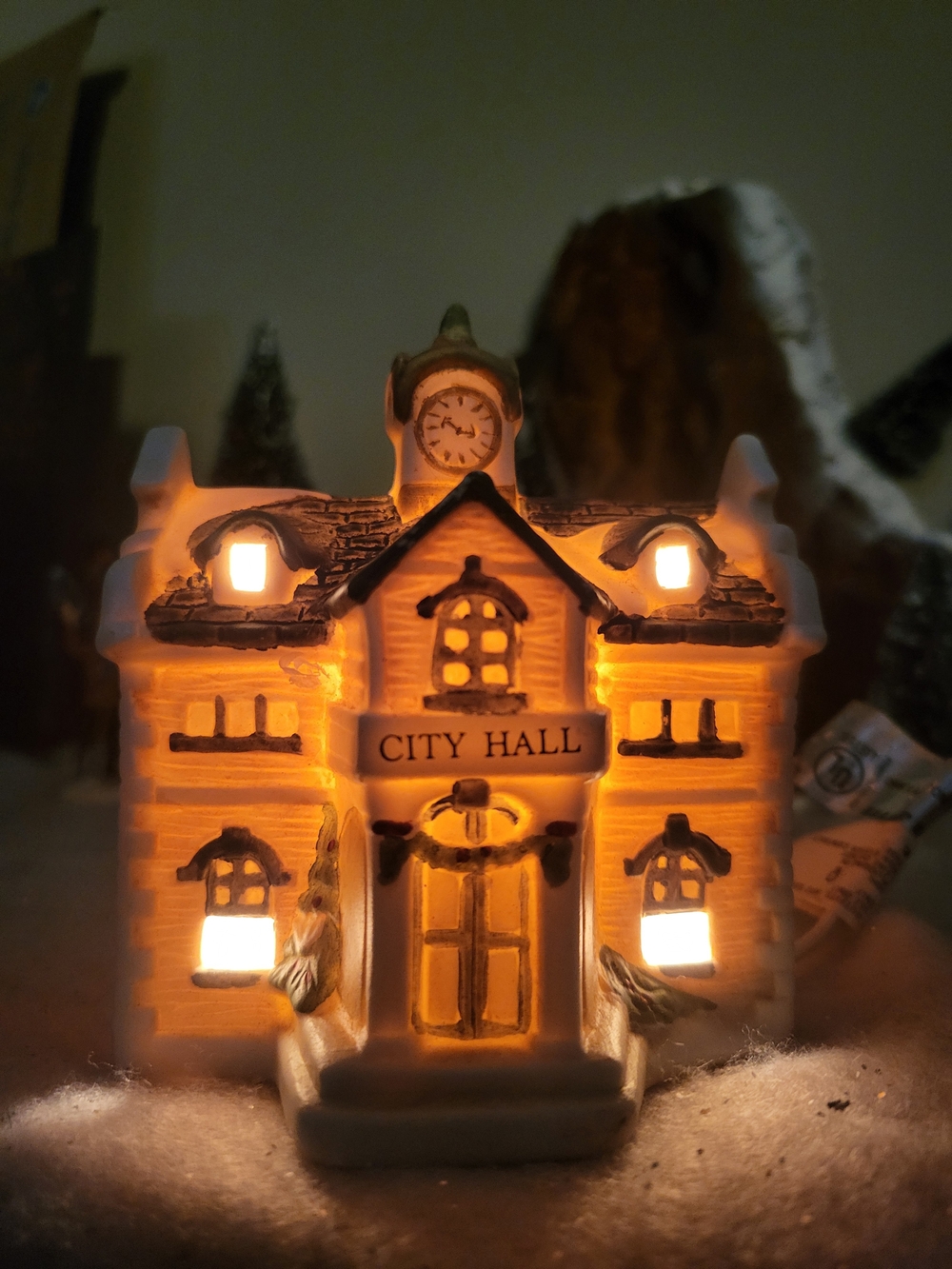 Vintage Porcelain Christmas Village City Hall Building with Working Light Cord